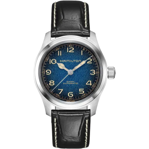 Hamilton Khaki Field Murph 38 mm bracelet cuir noir vue de face avec cadran bleu et boîtier argenté
