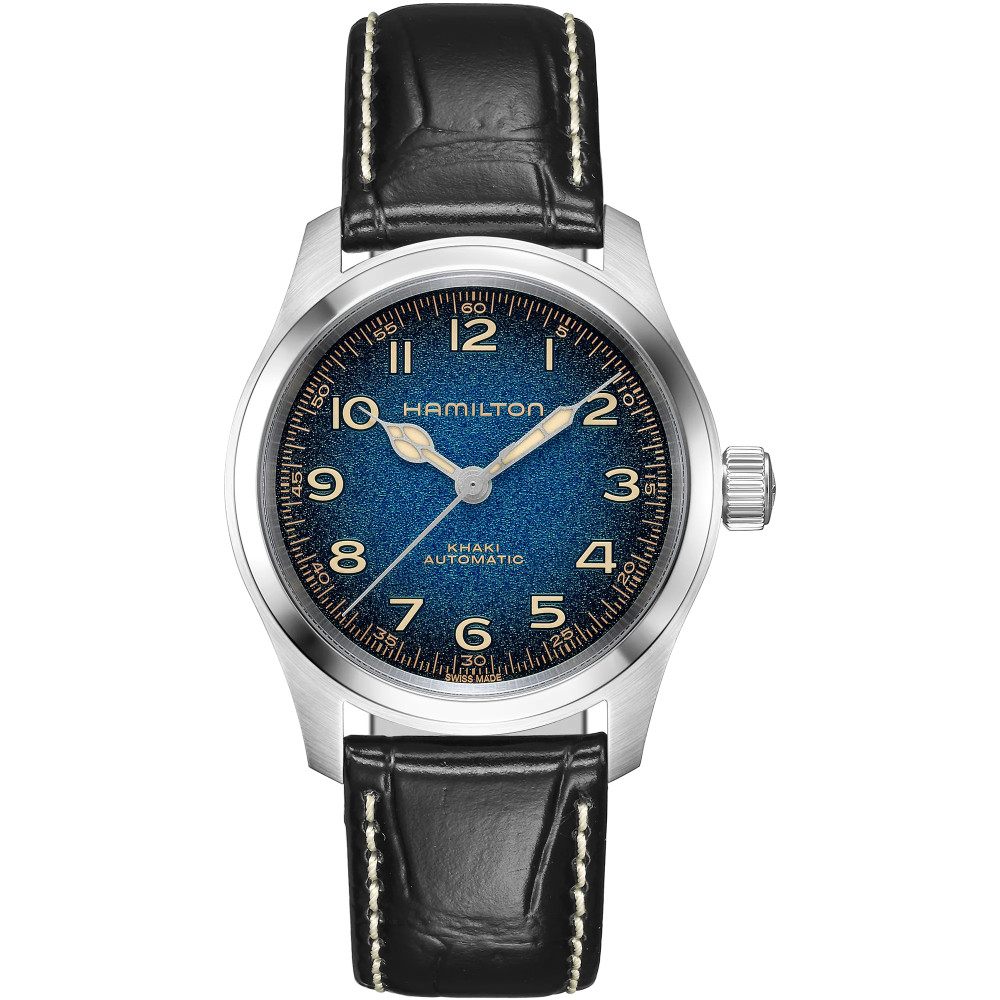 Hamilton Khaki Field Murph 38 mm bracelet cuir noir vue de face avec cadran bleu et boîtier argenté