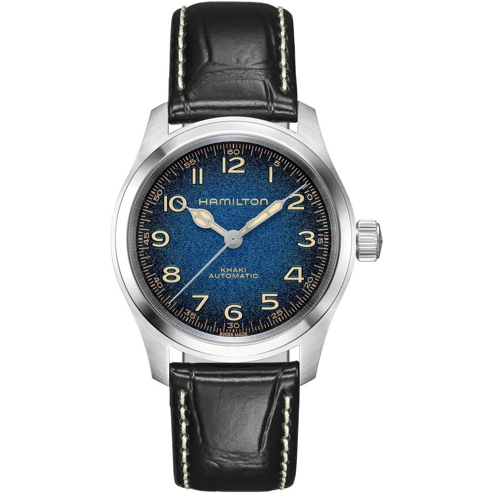 Hamilton Khaki Field Murph 38 mm bracelet cuir noir vue de face avec cadran bleu et boîtier argenté