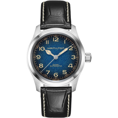Hamilton Khaki Field Murph 38 mm bracelet cuir noir vue de face avec cadran bleu et boîtier argenté