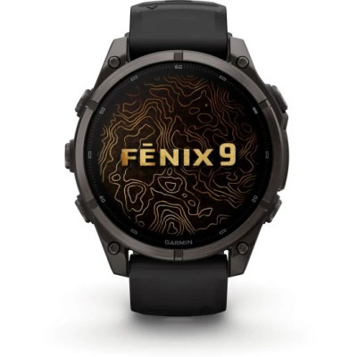 MONTRE GARMIN FĒNIX® 9 PRO 47 MM INREACH TITANIUM AVEC REVÊTEMENT CARBON GRAY DLC ET BRACELET EN SILICONE NOIR