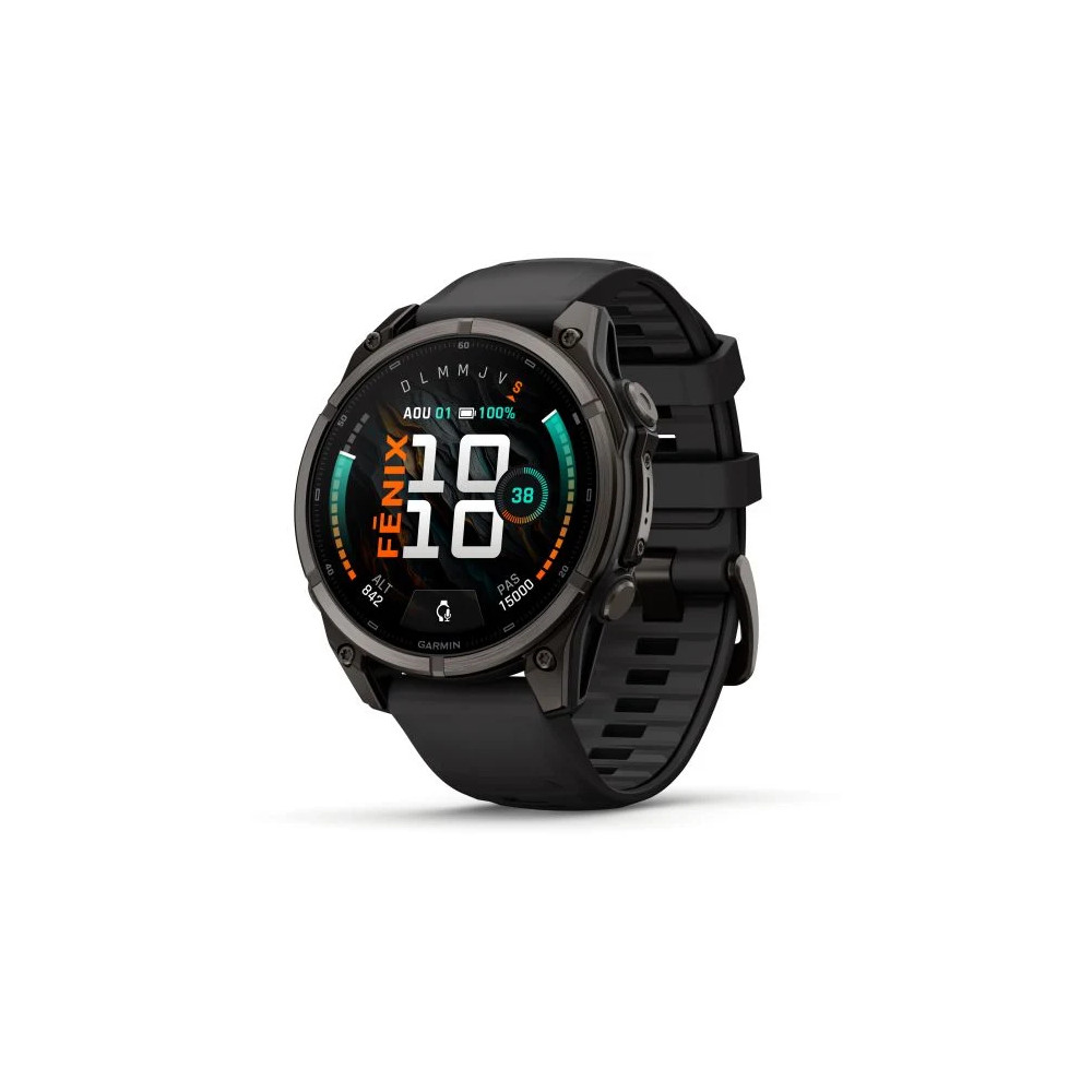 MONTRE GARMIN FĒNIX® 9 PRO 47 MM INREACH TITANIUM AVEC REVÊTEMENT CARBON GRAY DLC ET BRACELET EN SILICONE NOIR