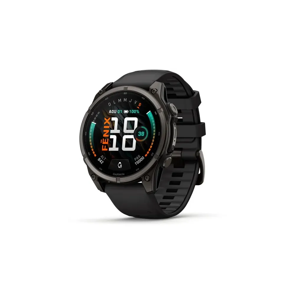MONTRE GARMIN FĒNIX® 9 PRO 47 MM INREACH TITANIUM AVEC REVÊTEMENT CARBON GRAY DLC ET BRACELET EN SILICONE NOIR