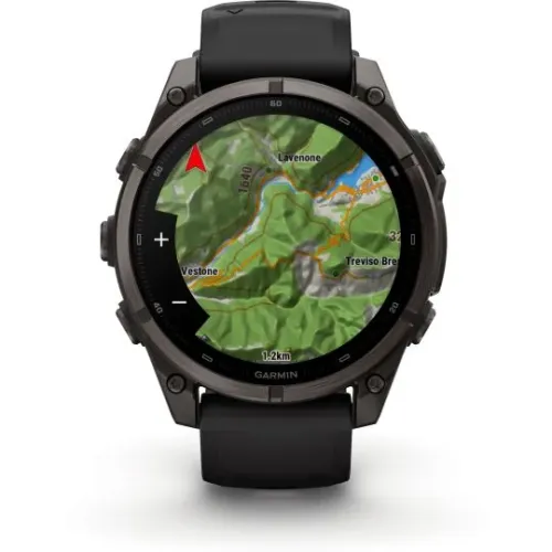 MONTRE GARMIN FĒNIX® 9 PRO 47 MM INREACH TITANIUM AVEC REVÊTEMENT CARBON GRAY DLC ET BRACELET EN SILICONE NOIR