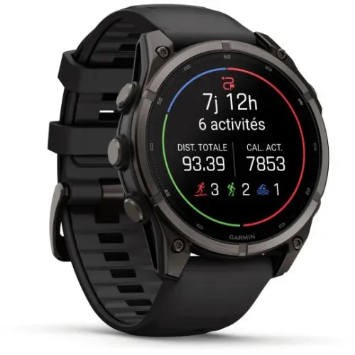 MONTRE GARMIN FĒNIX® 9 PRO 47 MM INREACH TITANIUM AVEC REVÊTEMENT CARBON GRAY DLC ET BRACELET EN SILICONE NOIR
