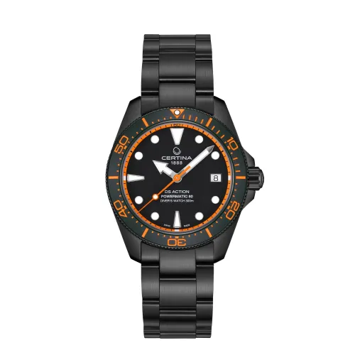 MONTRE DS ACTION DIVER 38 MM CADRAN NOIR BRACELET MÉTAL NOIR CAOUTCHOUC ORANGE