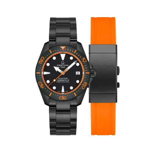 MONTRE DS ACTION DIVER 38 MM CADRAN NOIR BRACELET MÉTAL NOIR CAOUTCHOUC ORANGE