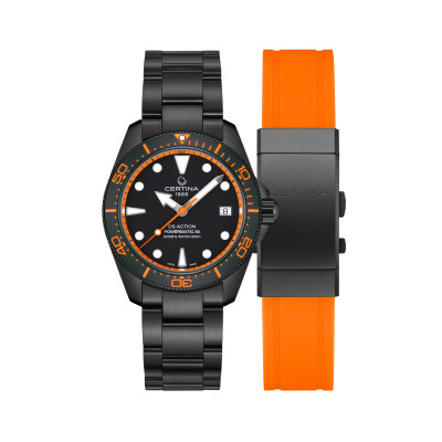 MONTRE DS ACTION DIVER 38 MM CADRAN NOIR BRACELET MÉTAL NOIR CAOUTCHOUC ORANGE