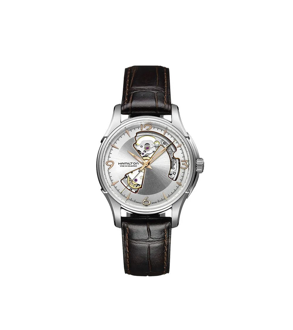 Hamilton jazzmaster open heart automatique fond gris bracelet cuir