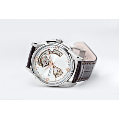 Hamilton jazzmaster open heart automatique fond gris bracelet cuir