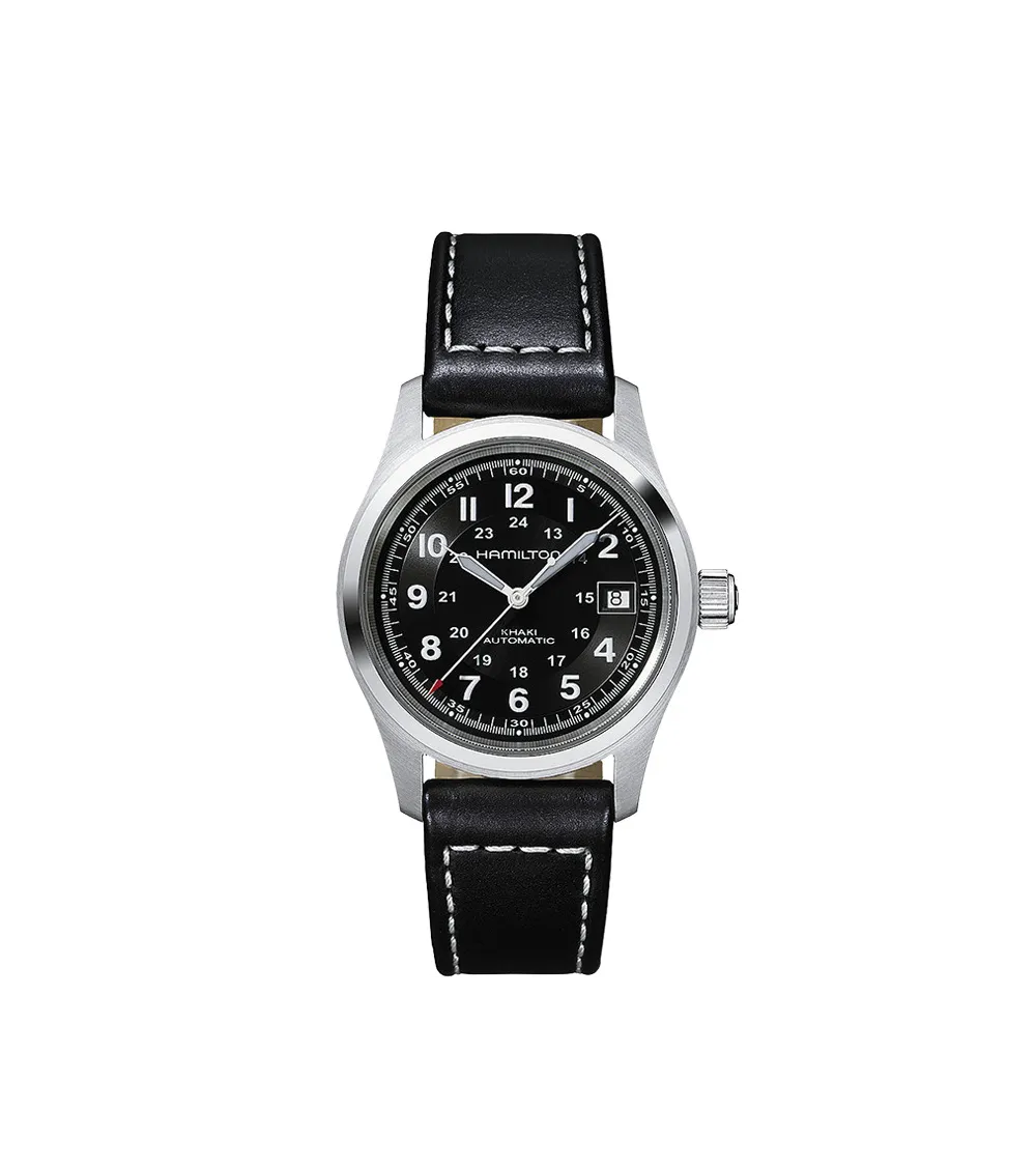 Hamilton  montre khaki field 38mm automatique cadran noir bracelet cuir
