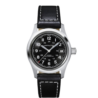 Hamilton  montre khaki field 38mm automatique cadran noir bracelet cuir