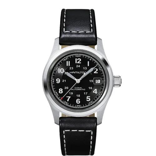 Hamilton  montre khaki field 38mm automatique cadran noir bracelet cuir